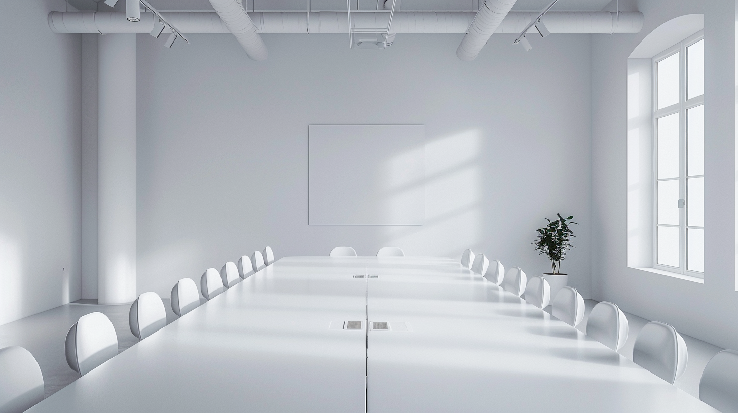 All-white conference room with a long table flanked by rows of empty chairs and a blank whiteboard on the far wall