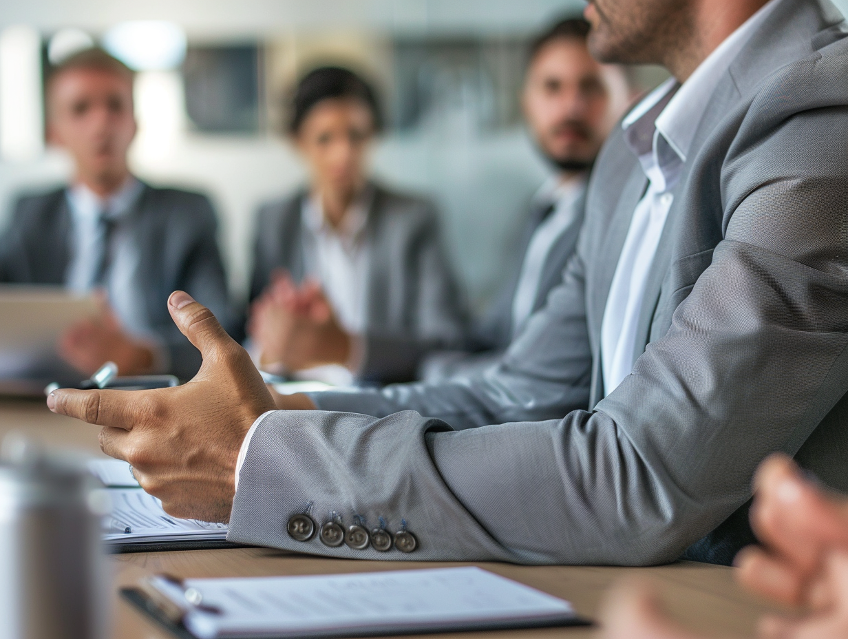 Business professionals in grey suits seated at a conference table, one person gesturing while others look on