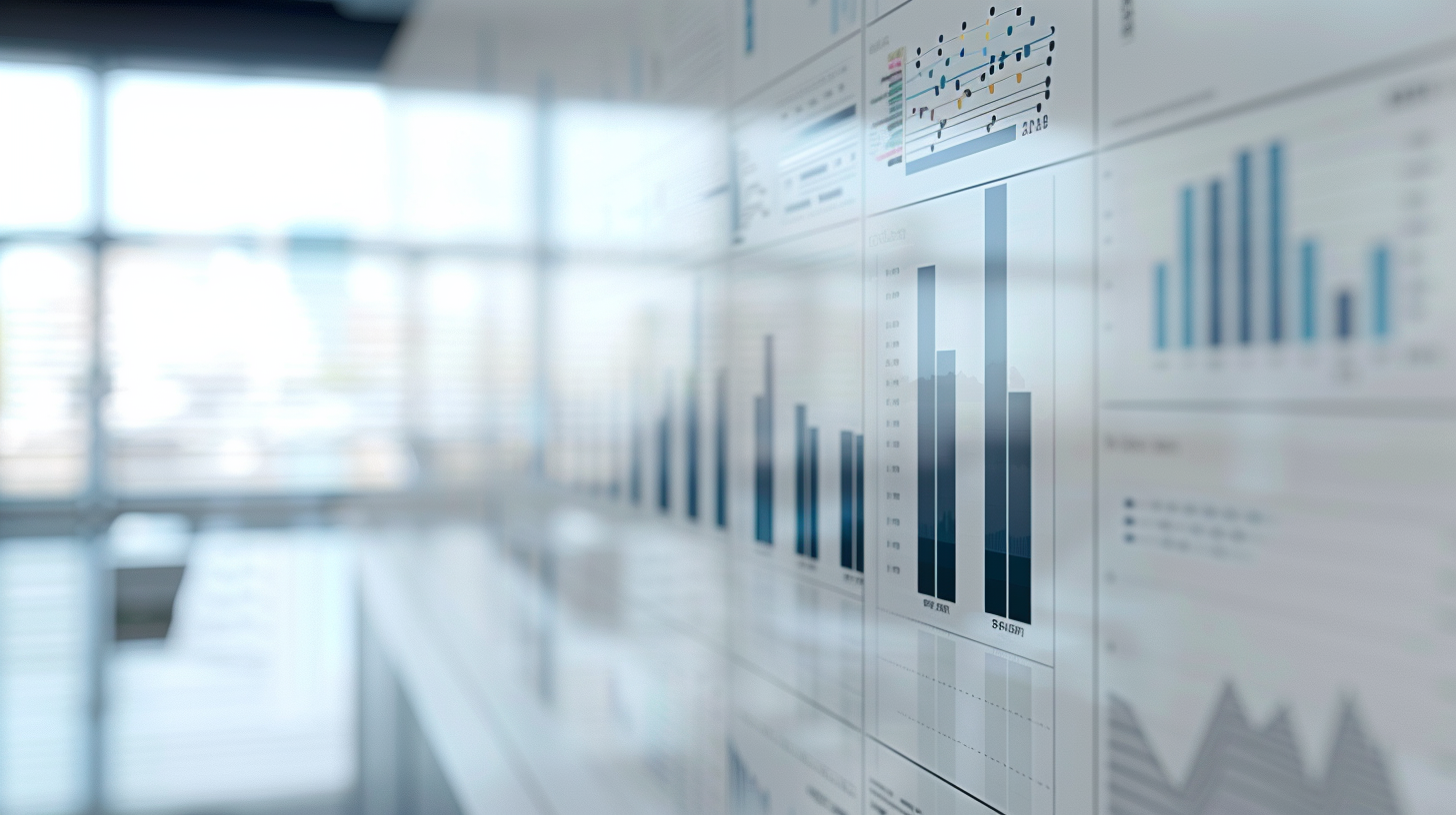 Glass office display showing rows of bar charts and data dashboards in muted blue and grey tones