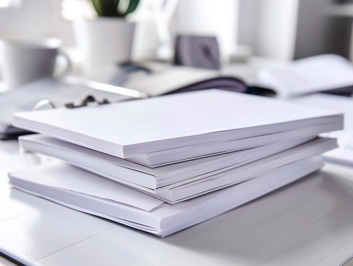 Neat stack of thick white unbound reports on a white desk, with a potted plant blurred in the background